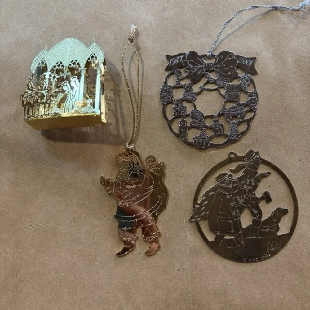Vintage Brass Gold Ornaments  Hallmark Keepsake McDonald's Nativity Santa Bundle